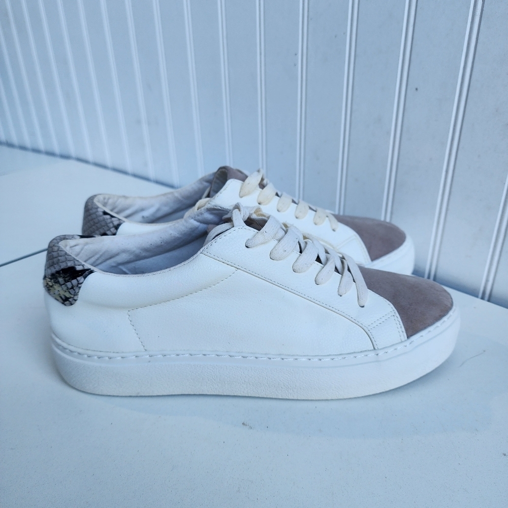 Express Women's Shoe Size 9.5 White Tan  Taupe Faux Leather Lace Up Sneakers